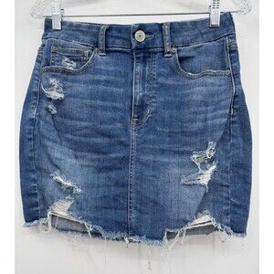 American Eagle Super Stretch Denim Mini Skirt Sz 6 Classic Wash Distressed Boho